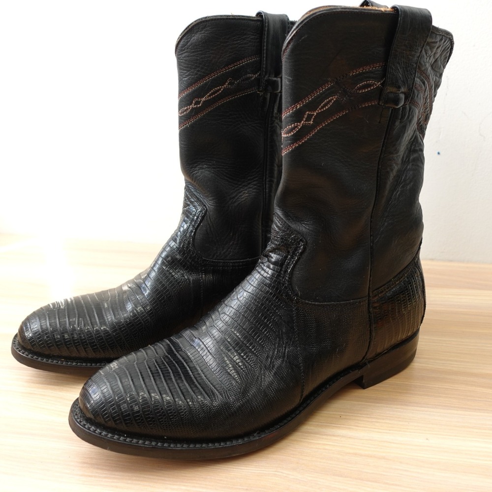 Longhorn Lizard Boots Men 9.5 EE Black Leather Western Cowboy Roper Hand Crafted